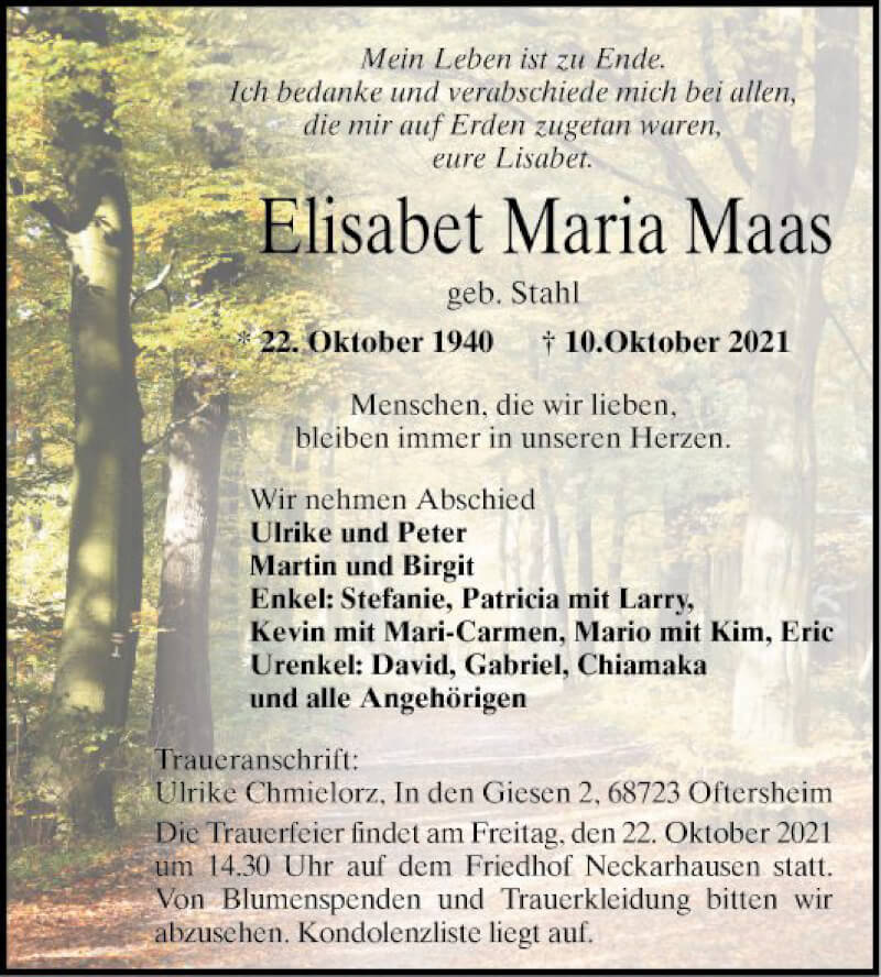  Traueranzeige für Elisabet Maria Maas vom 16.10.2021 aus Mannheimer Morgen