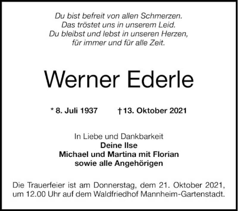  Traueranzeige für Werner Ederle vom 16.10.2021 aus Mannheimer Morgen