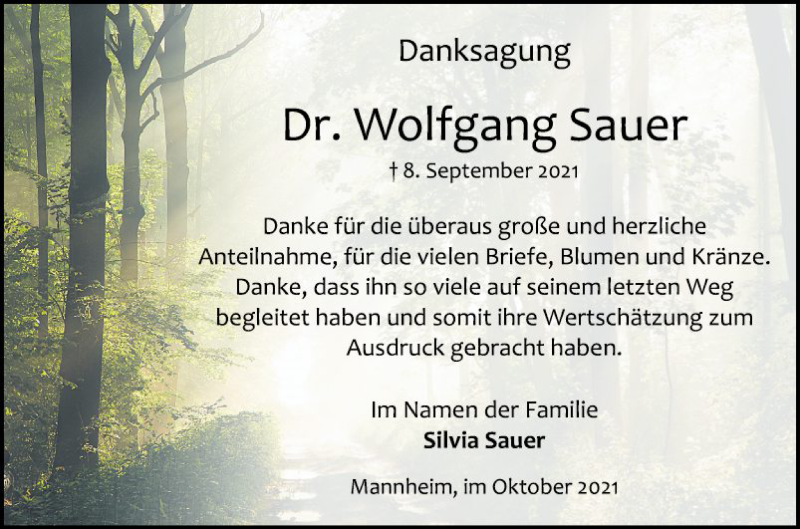  Traueranzeige für Wolfgang Sauer vom 09.10.2021 aus Mannheimer Morgen