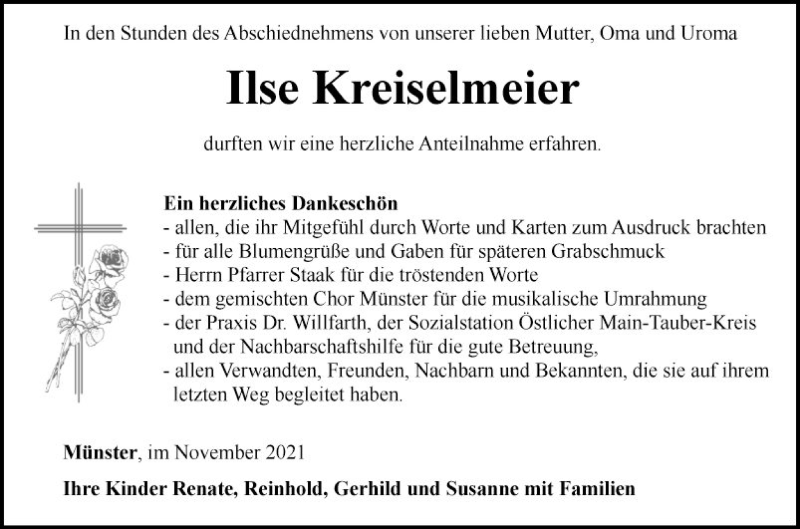  Traueranzeige für Ilse Kreiselmeier vom 20.11.2021 aus Fränkische Nachrichten