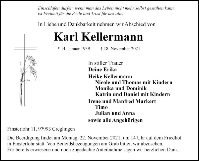  Traueranzeige für Karl Kellermann vom 20.11.2021 aus Fränkische Nachrichten
