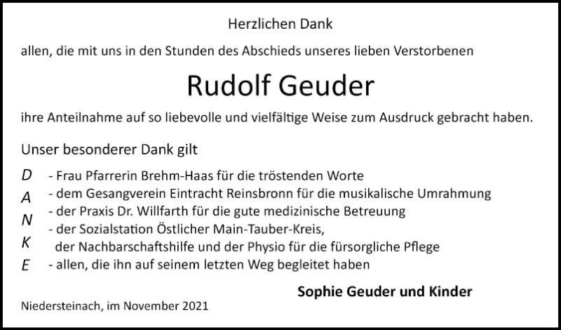  Traueranzeige für Rudolf Geuder vom 26.11.2021 aus Fränkische Nachrichten