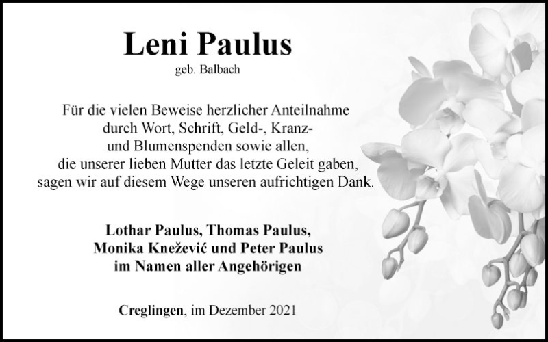  Traueranzeige für Leni Paulus vom 11.12.2021 aus Fränkische Nachrichten