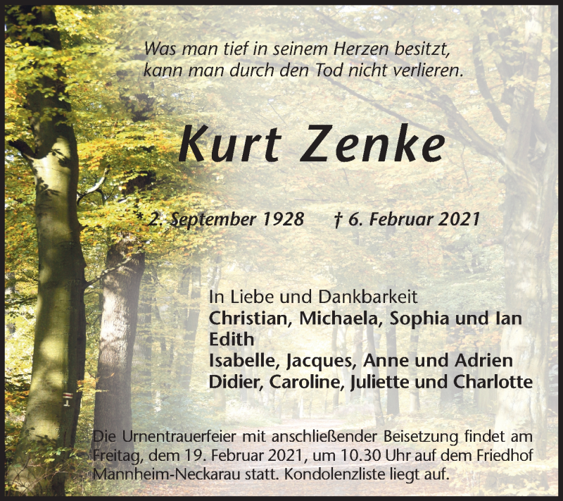  Traueranzeige für Kurt Zenke vom 13.02.2021 aus Mannheimer Morgen