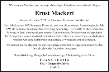 Traueranzeige von Ernst Mackert von Fränkische Nachrichten