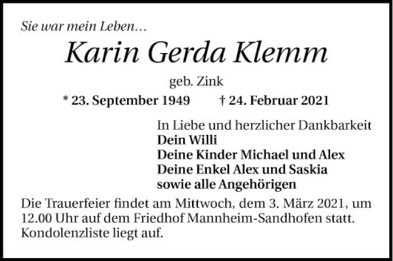  Traueranzeige für Karin Gerda Klemm vom 27.02.2021 aus Mannheimer Morgen