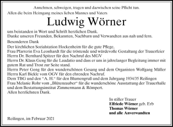 Traueranzeige von Ludwig Wörner von Schwetzinger Zeitung