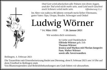 Traueranzeige von Ludwig Wörner von Schwetzinger Zeitung