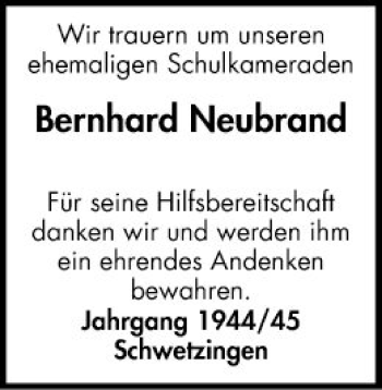 Traueranzeige von Bernhard Neubrand von Schwetzinger Zeitung