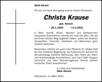 Traueranzeige von Christa Krause von Schwetzinger Zeitung