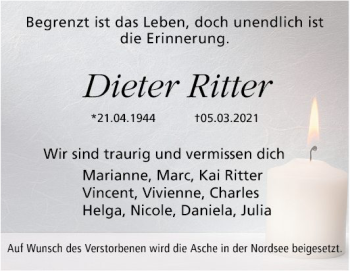 Traueranzeige von Dieter Ritter von Mannheimer Morgen