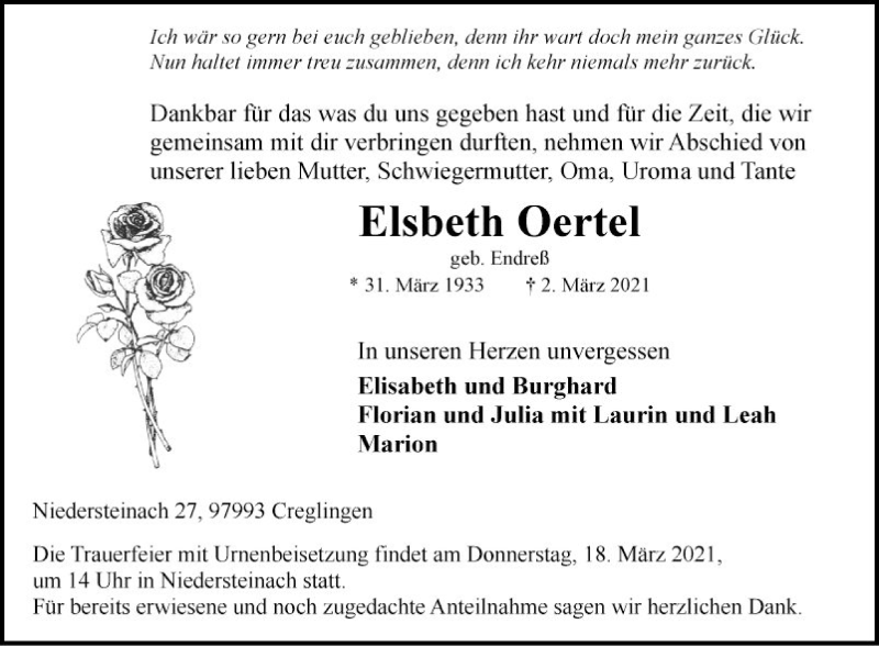  Traueranzeige für Elsbeth Oertel vom 13.03.2021 aus Fränkische Nachrichten