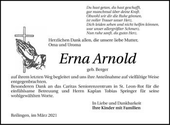 Traueranzeige von Erna Arnold von Schwetzinger Zeitung