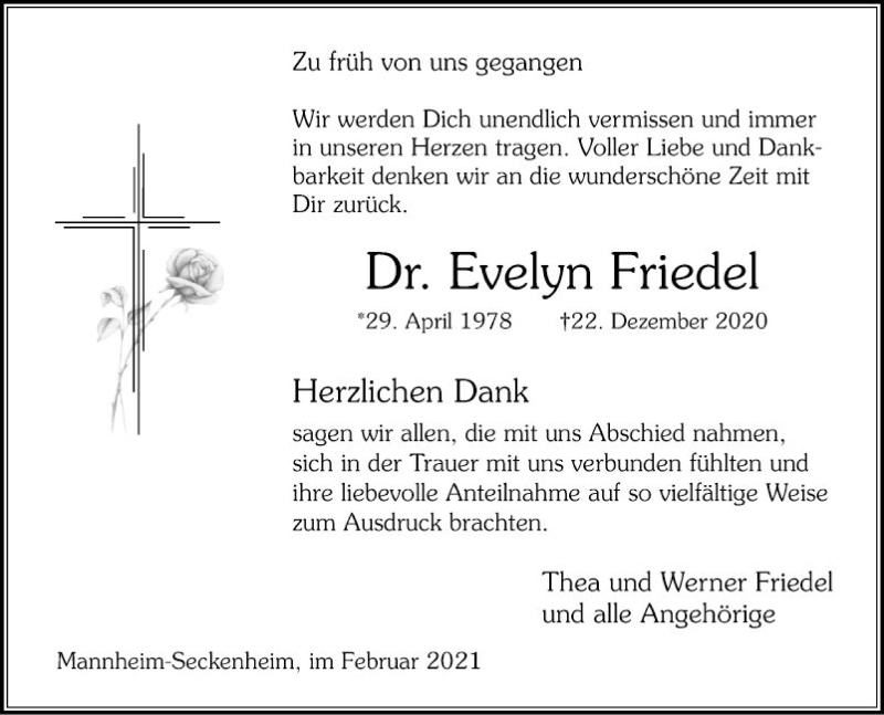  Traueranzeige für Evelyn Friedel vom 20.02.2021 aus Mannheimer Morgen