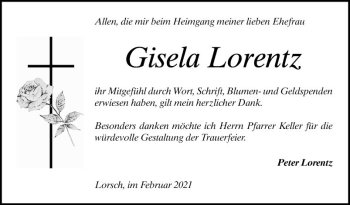 Traueranzeige von Gisela Lorentz von Bergsträßer Anzeiger