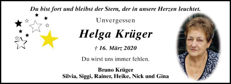  Traueranzeige für Helga Krüger vom 16.03.2021 aus Mannheimer Morgen