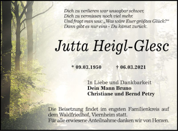 Traueranzeige von Jutta Heigl-Glesc von Südhessen Morgen