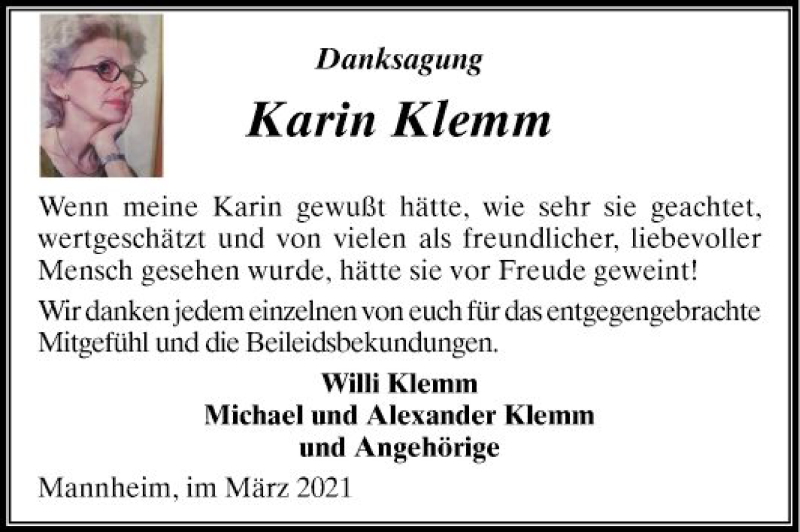  Traueranzeige für Karin Gerda Klemm vom 13.03.2021 aus Mannheimer Morgen