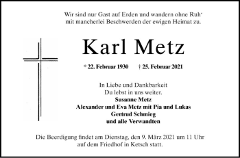 Traueranzeige von Karl Metz von Schwetzinger Zeitung