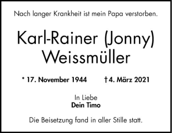 Traueranzeige von Karl-Rainer Weissmüller von Bergsträßer Anzeiger