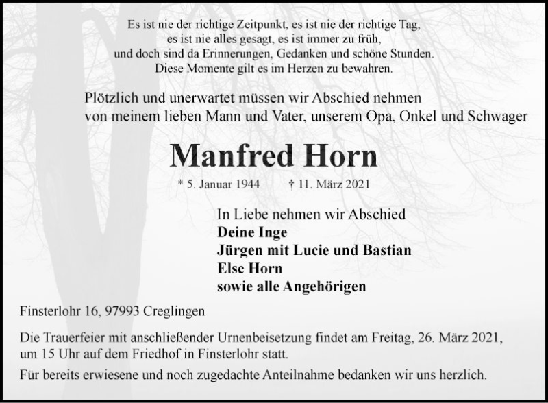 Traueranzeige für Manfred Horn vom 20.03.2021 aus Fränkische Nachrichten