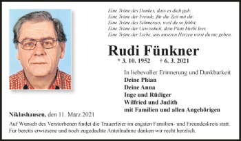 Traueranzeige von Rudi Fünkner von Fränkische Nachrichten