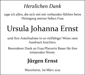 Traueranzeige von Ursula Johanna Ernst von Mannheimer Morgen