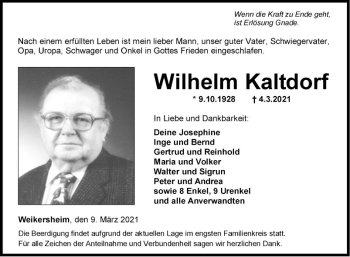 Traueranzeige von Wilhelm Kaltdorf von Fränkische Nachrichten