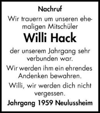Traueranzeige von Willi Hack von Schwetzinger Zeitung