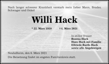 Traueranzeige von Willi Hack von Schwetzinger Zeitung