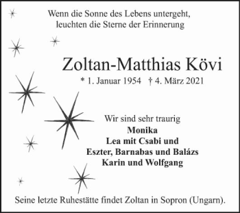 Traueranzeige von Zoltan-Matthias Kövi von Mannheimer Morgen