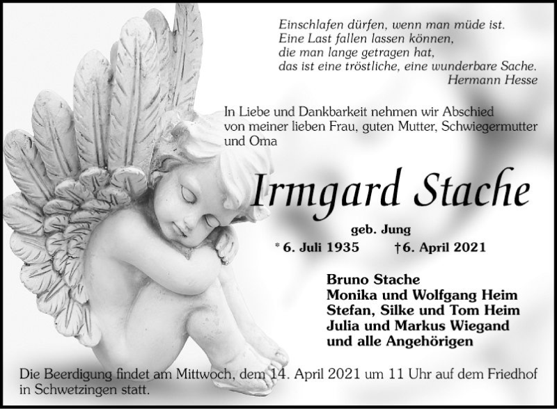  Traueranzeige für Irmgard Stache vom 10.04.2021 aus Schwetzinger Zeitung
