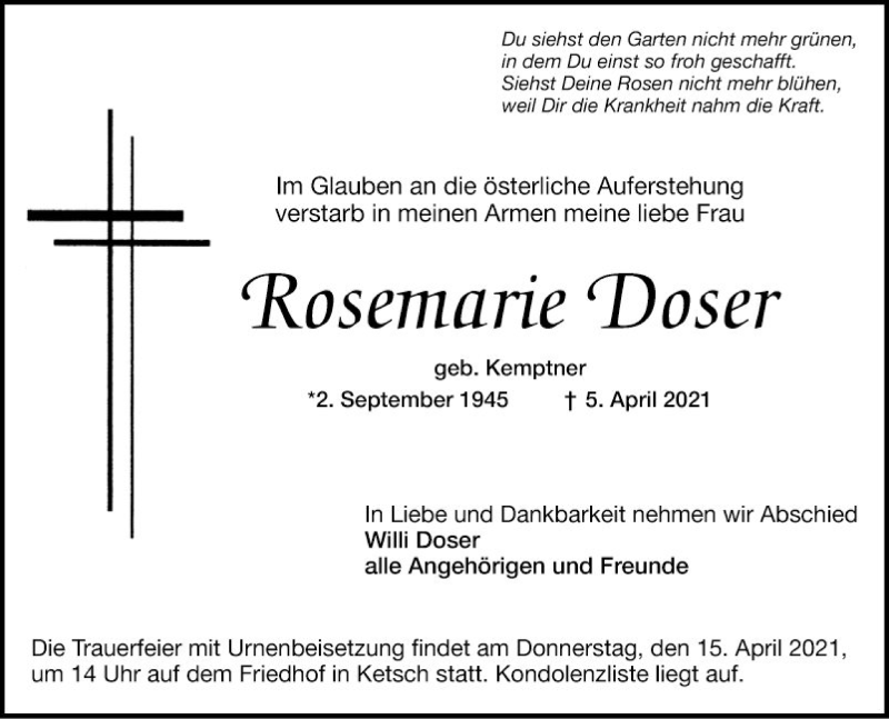  Traueranzeige für Rosemarie Doser vom 10.04.2021 aus Schwetzinger Zeitung