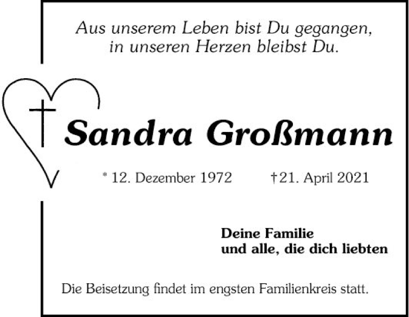  Traueranzeige für Sandra Großmann vom 24.04.2021 aus Mannheimer Morgen