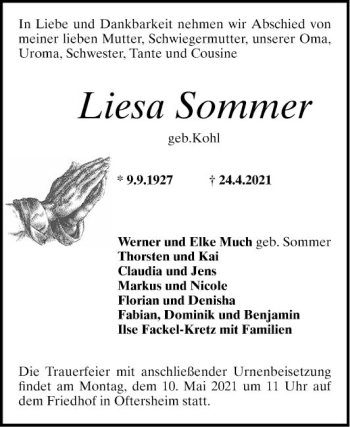 Traueranzeige von Liesa Sommer von Schwetzinger Zeitung