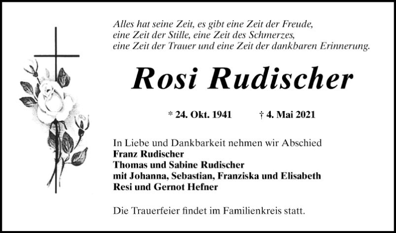  Traueranzeige für Rosi Rudischer vom 08.05.2021 aus Mannheimer Morgen