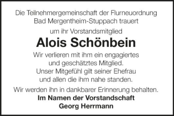Traueranzeige von Alois Schönbein von Fränkische Nachrichten