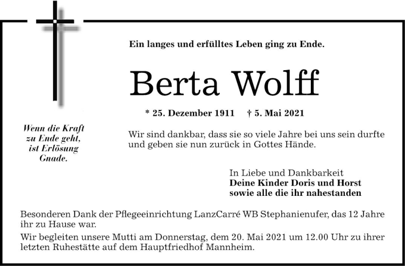  Traueranzeige für Berta Wolff vom 15.05.2021 aus Mannheimer Morgen