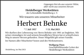Traueranzeige von Herbert Behnke von Schwetzinger Zeitung