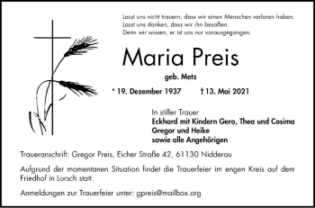 Traueranzeige von Maria Preis von Bergsträßer Anzeiger