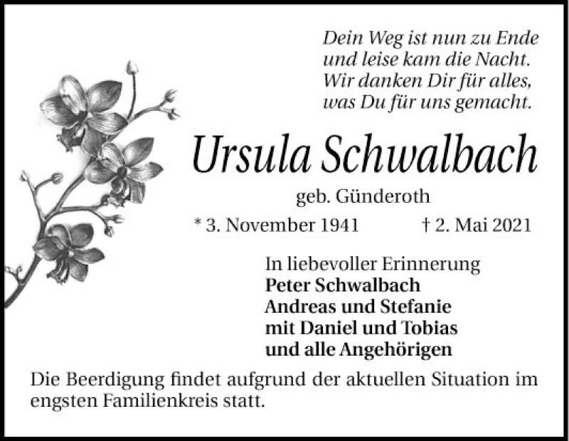 Traueranzeige für Ursula Schwalbach vom 15.05.2021 aus Mannheimer Morgen