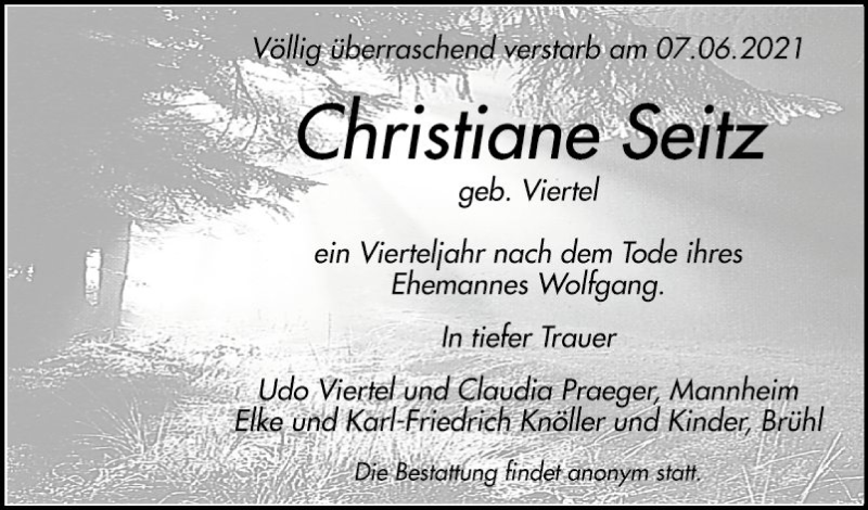  Traueranzeige für Christiane Seitz vom 10.06.2021 aus Mannheimer Morgen