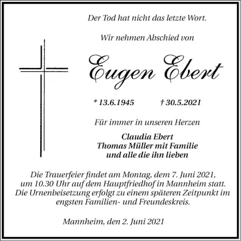  Traueranzeige für Eugen Ebert vom 02.06.2021 aus Mannheimer Morgen