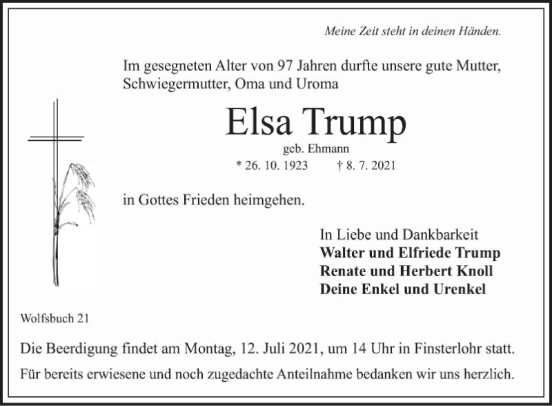  Traueranzeige für Elsa Tramp vom 10.07.2021 aus Fränkische Nachrichten