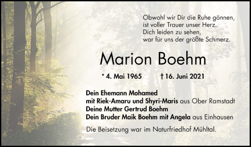  Traueranzeige für Marion Boehm vom 24.07.2021 aus Bergsträßer Anzeiger