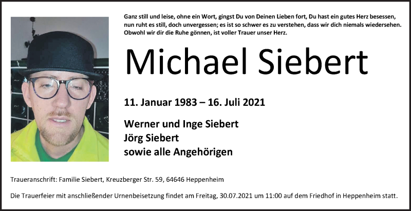 Traueranzeige für Michael Siebert vom 28.07.2021 aus Bergsträßer Anzeiger