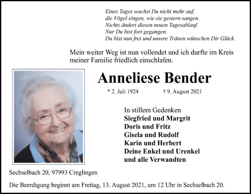  Traueranzeige für Anneliese Bender vom 11.08.2021 aus Fränkische Nachrichten