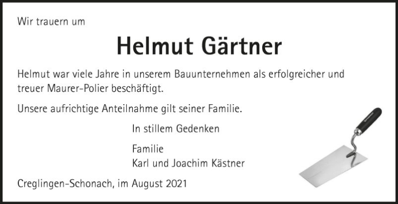  Traueranzeige für Helmut Gärtner vom 11.08.2021 aus Fränkische Nachrichten