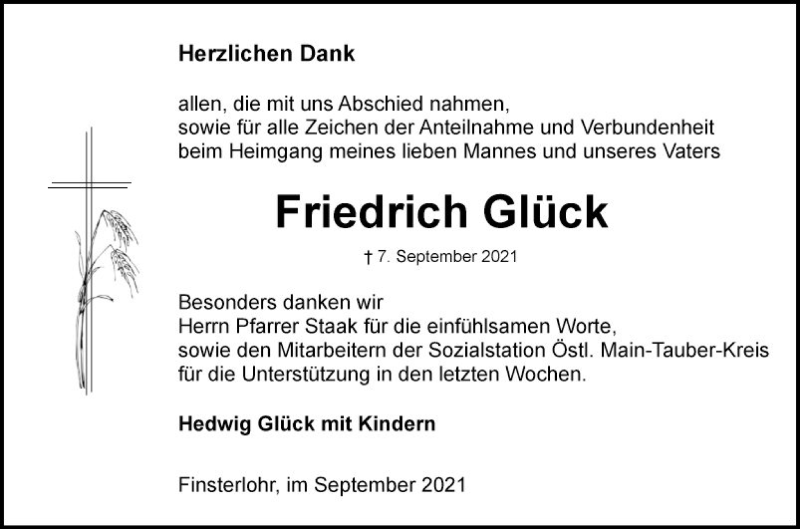  Traueranzeige für Friedrich Glück vom 24.09.2021 aus Fränkische Nachrichten