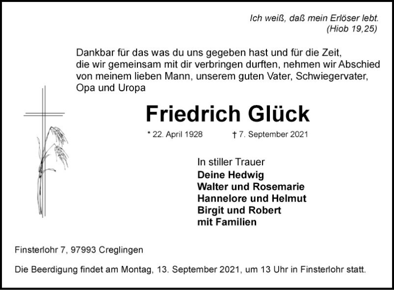  Traueranzeige für Friedrich Glück vom 10.09.2021 aus Fränkische Nachrichten